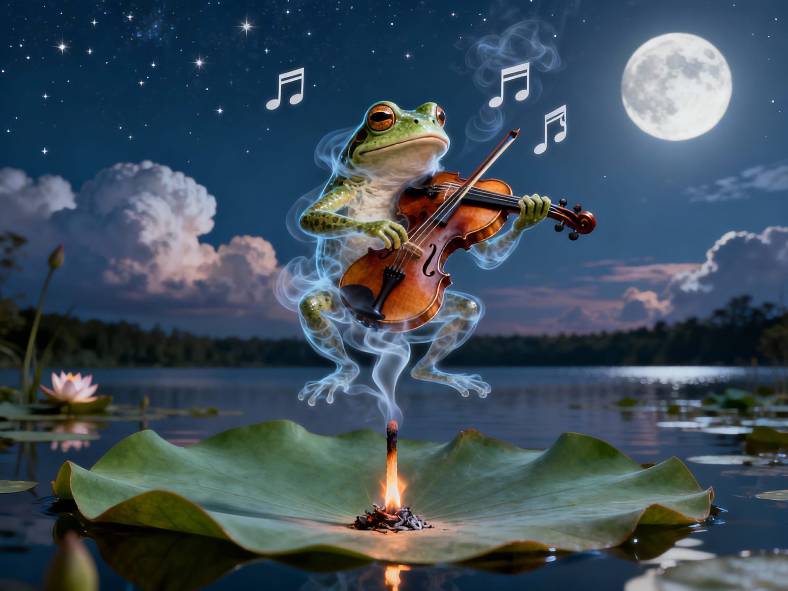 Ethereal Smoke Toad Violinist on Lotus Leaf