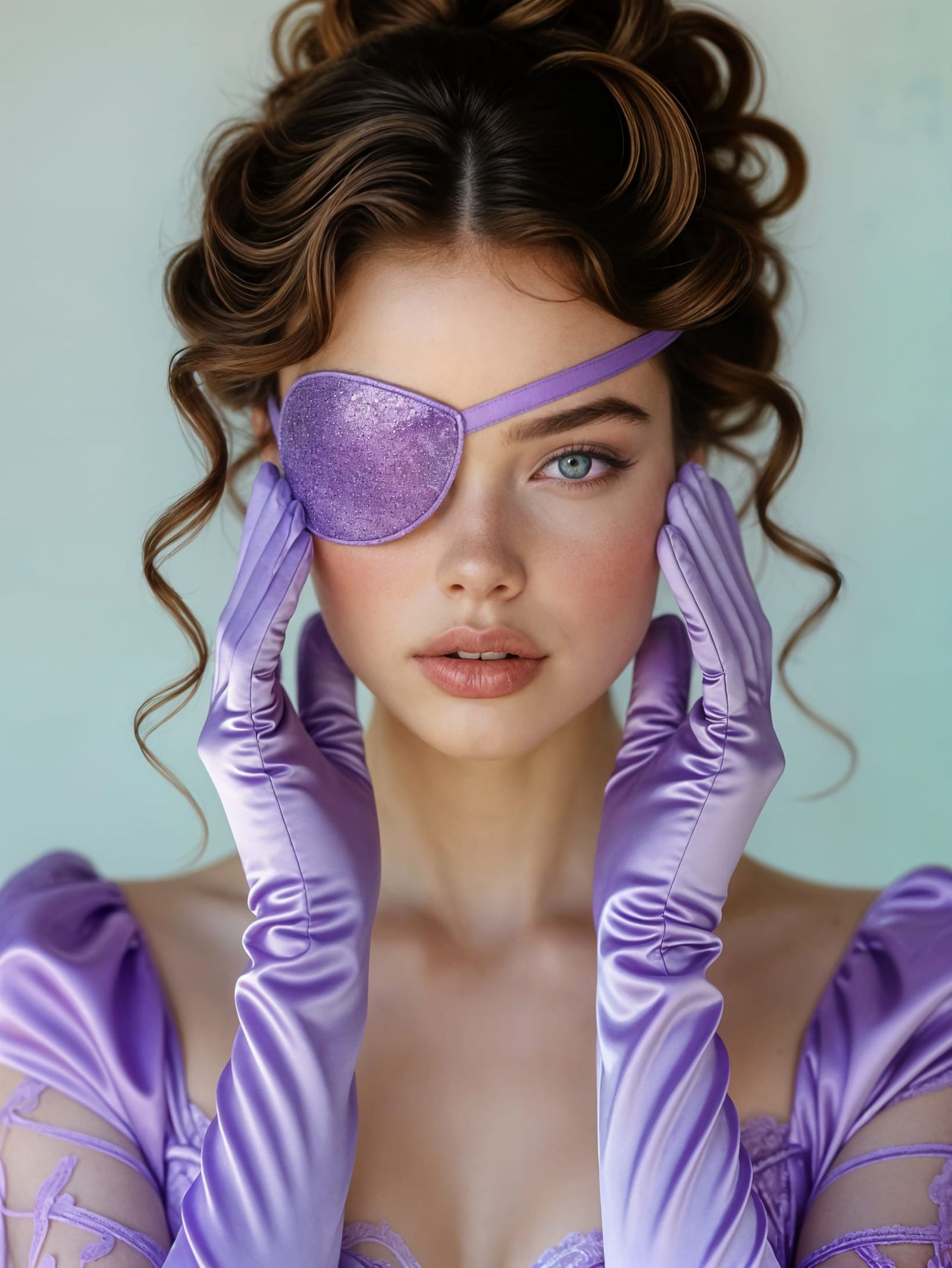 Gorgeous Woman in Lilac Glitter Outfit with Eyepatch
