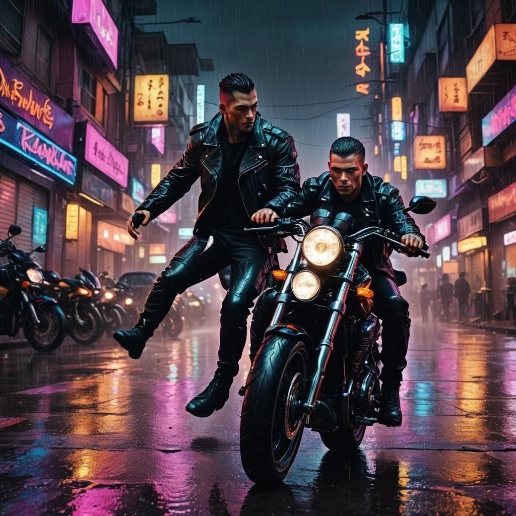 Cyberpunk Motorcycle Rider in Neon Rain