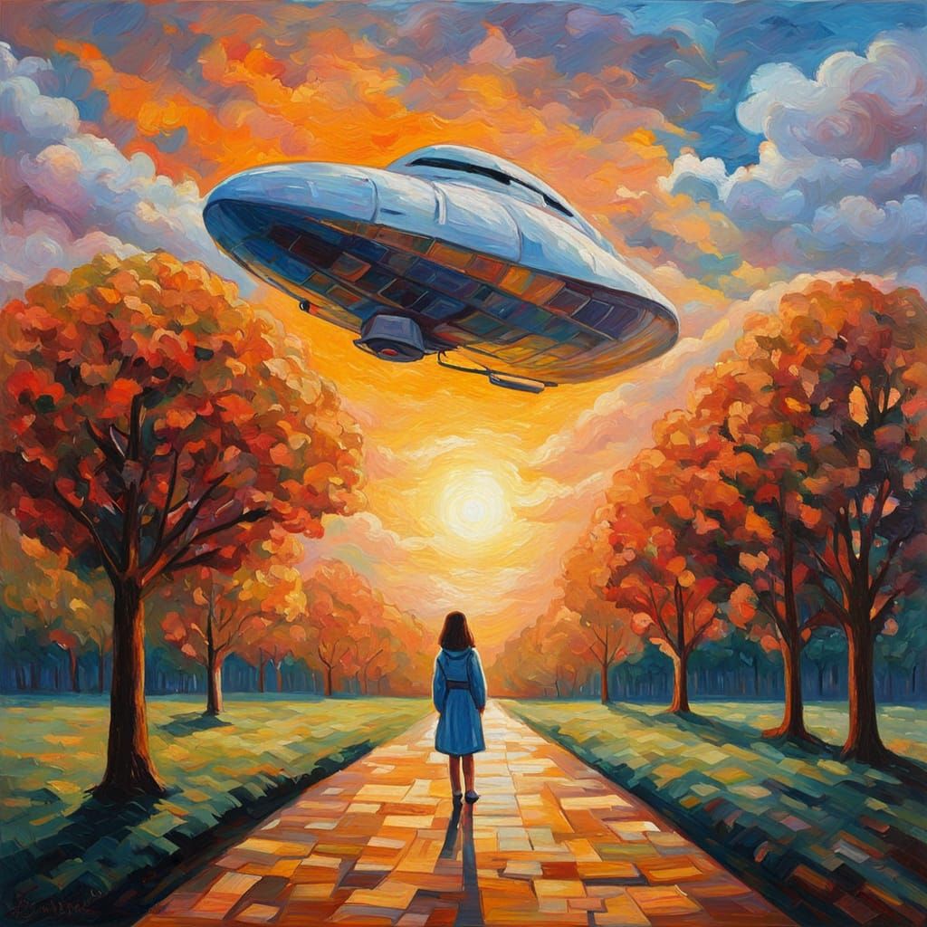 Girl Awaits Spaceship in Expressionist Sunrise