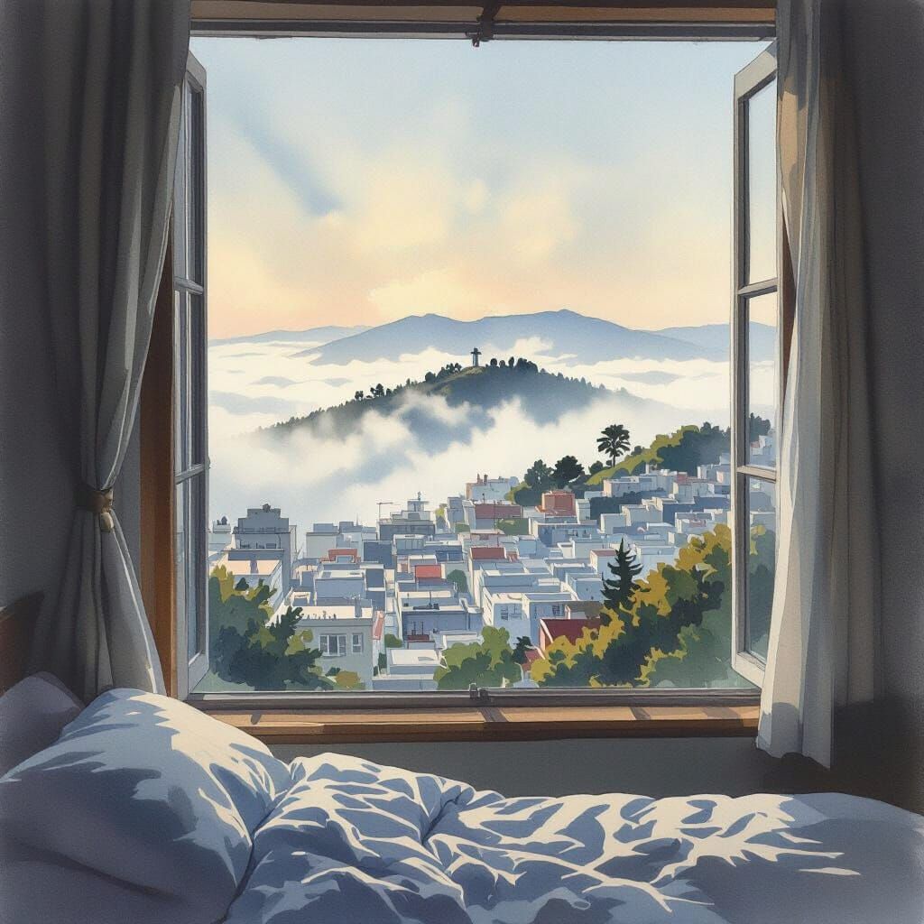 San Francisco Fogscape in Watercolor Style