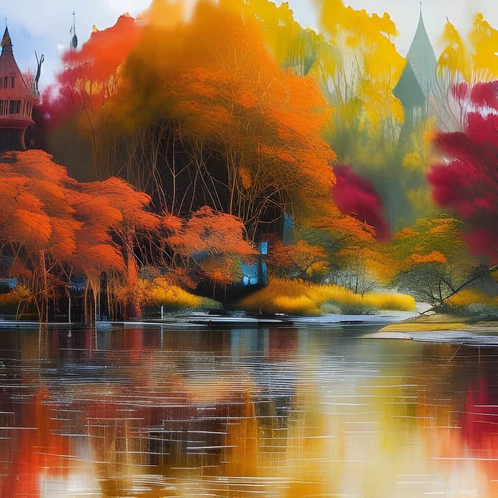 Lakeside Village in Watercolor Art Style