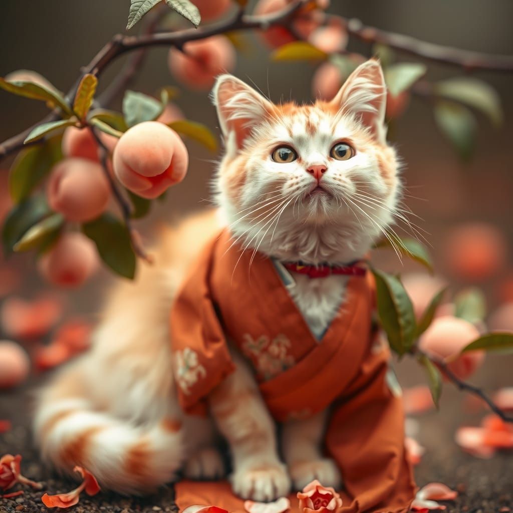 Surreal Cat Peach Scene in Japanese Art Style