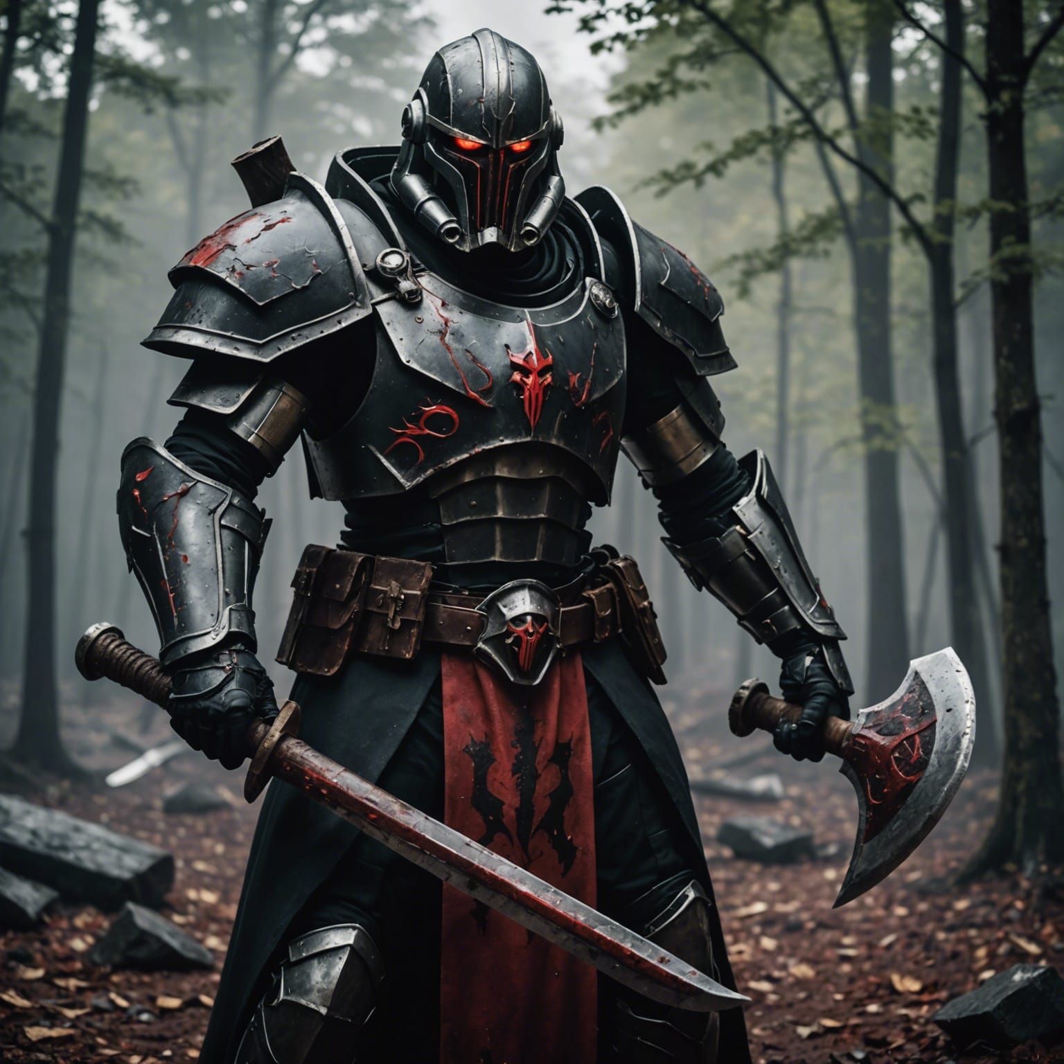 Warforged Assassin in Black Armor with Red Eyes