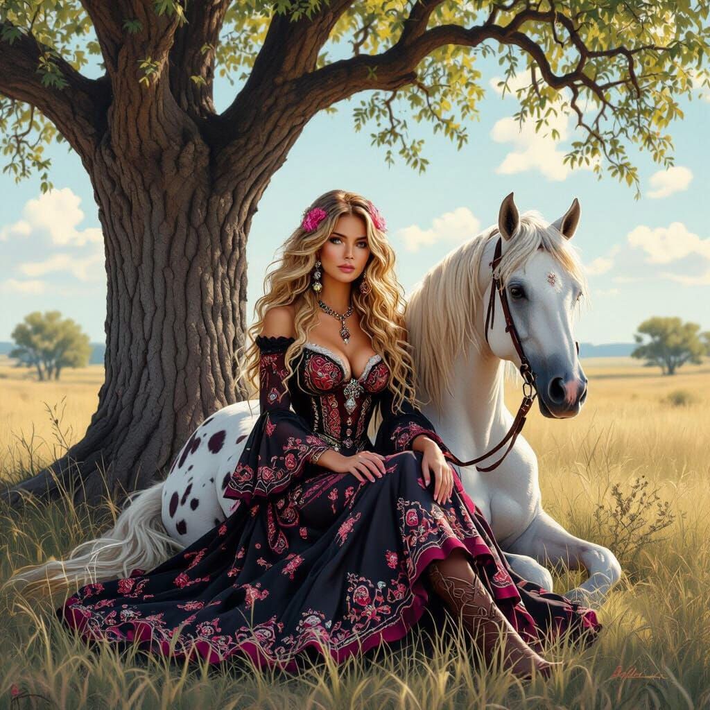 Cowboy Woman with Horse in Whimsical Impressionism