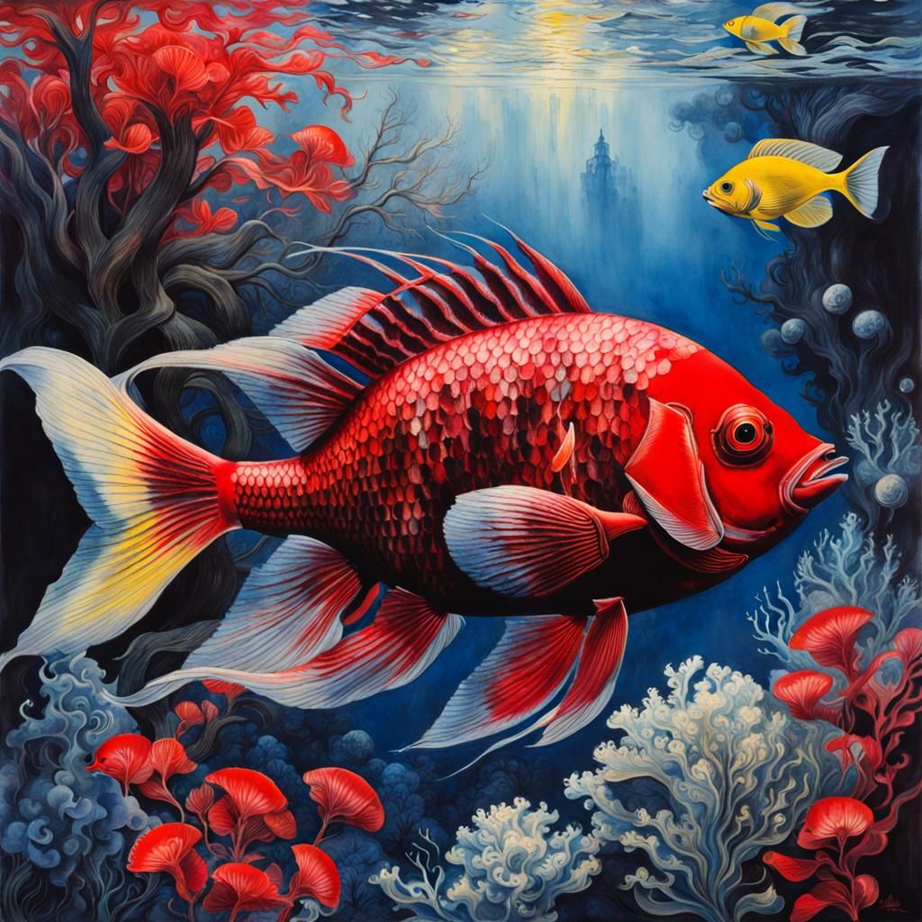 Bichromatic Underwater World with Crimson Fish