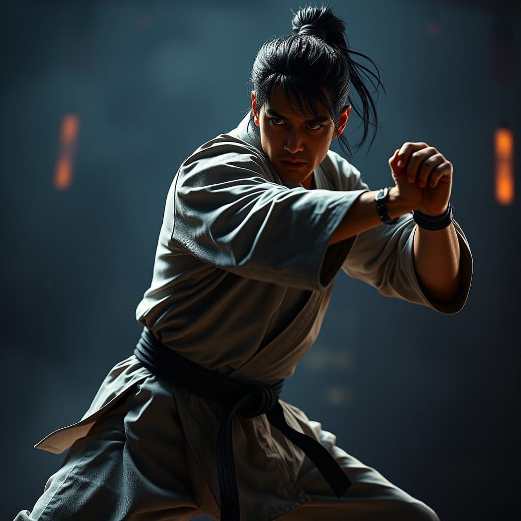 Intense Karate Pose in Dramatic 3D Render