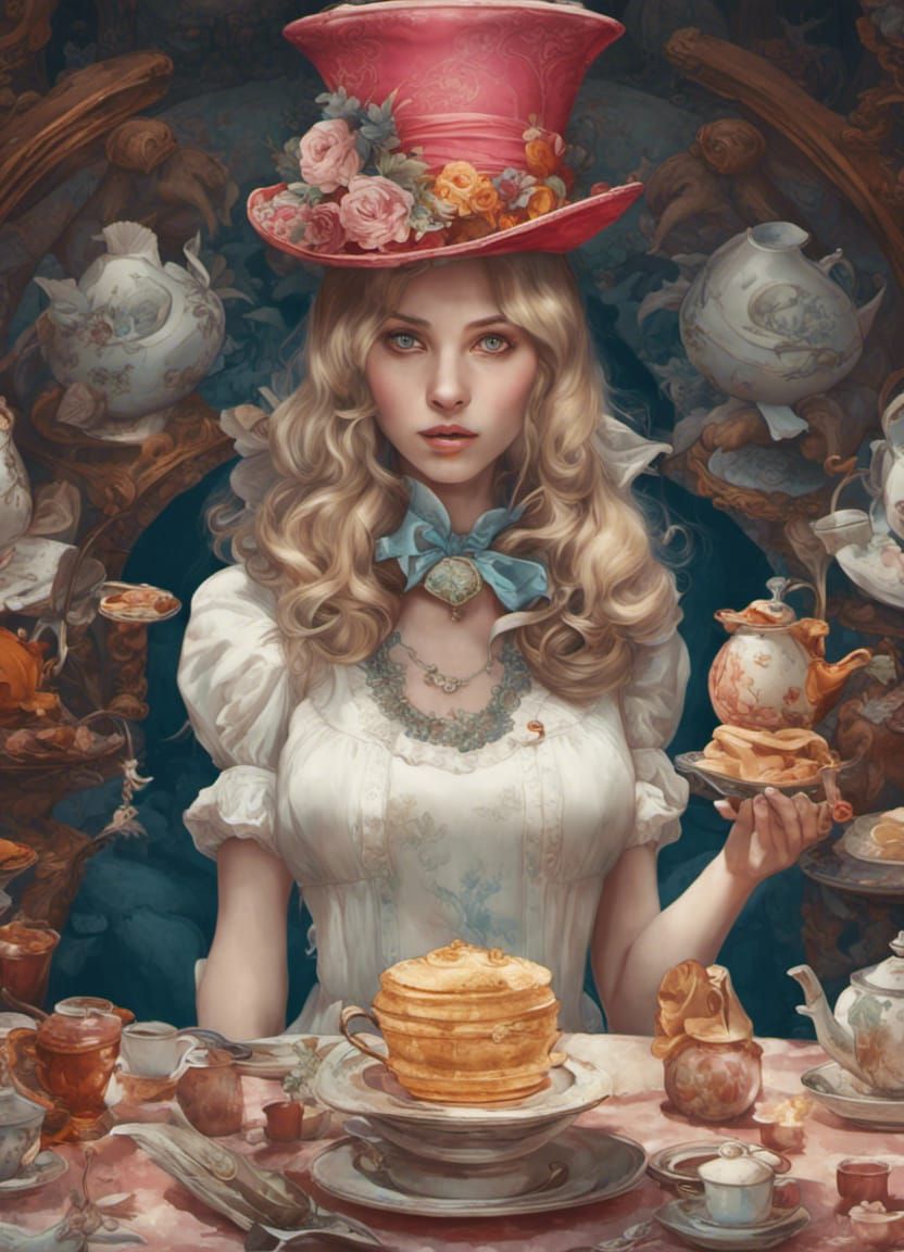 Alice's Dark Fantasy Tea Party Portrait in 8k