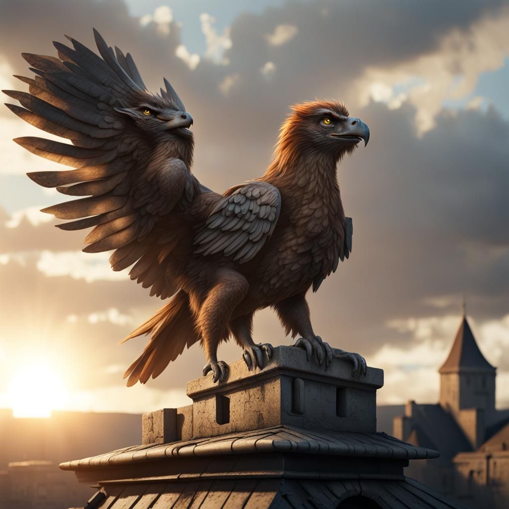 Griffin Perched on Castle Roof in Post-Apocalyptic Landscape