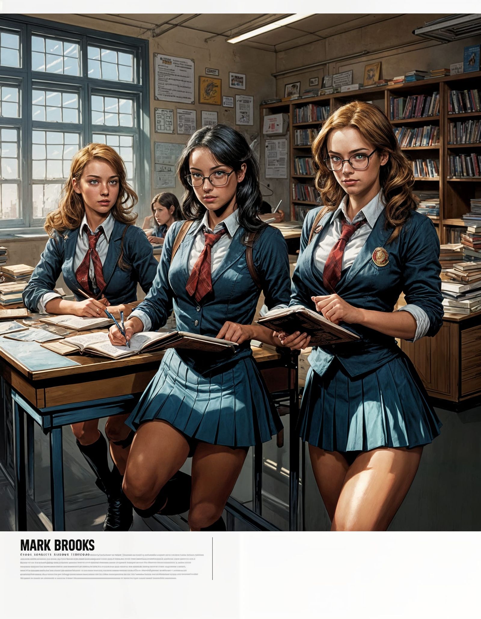 School Girls in Classroom: Comic Book Art Style