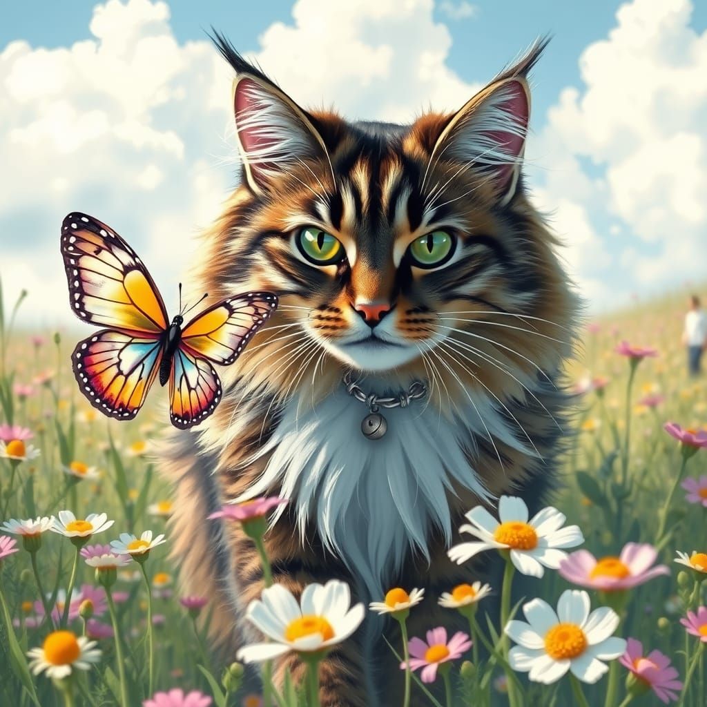 Majestic Norwegian Forest Cat Chases Vibrant Butterfly in Fl...