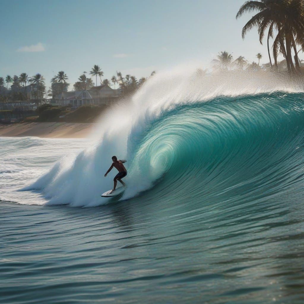 Vibrant Turquoise Wave Riding in Hyperrealistic Detail