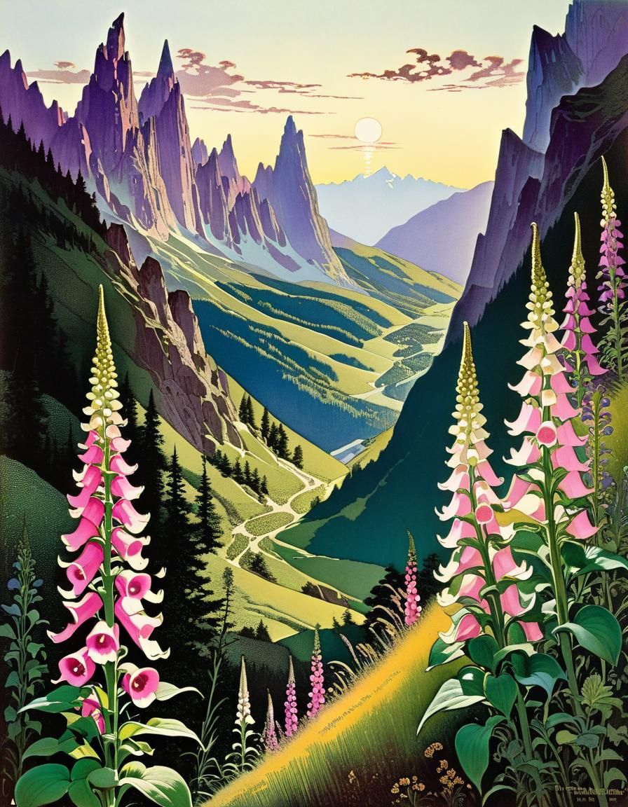 Blossoming Foxglove in a Serene Mountain Valley