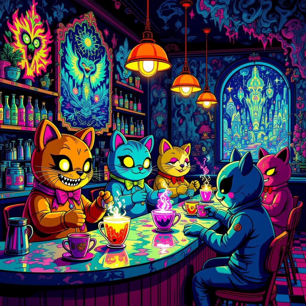 Psychedelic Cafe With Evil Stuffed Animal Baristas