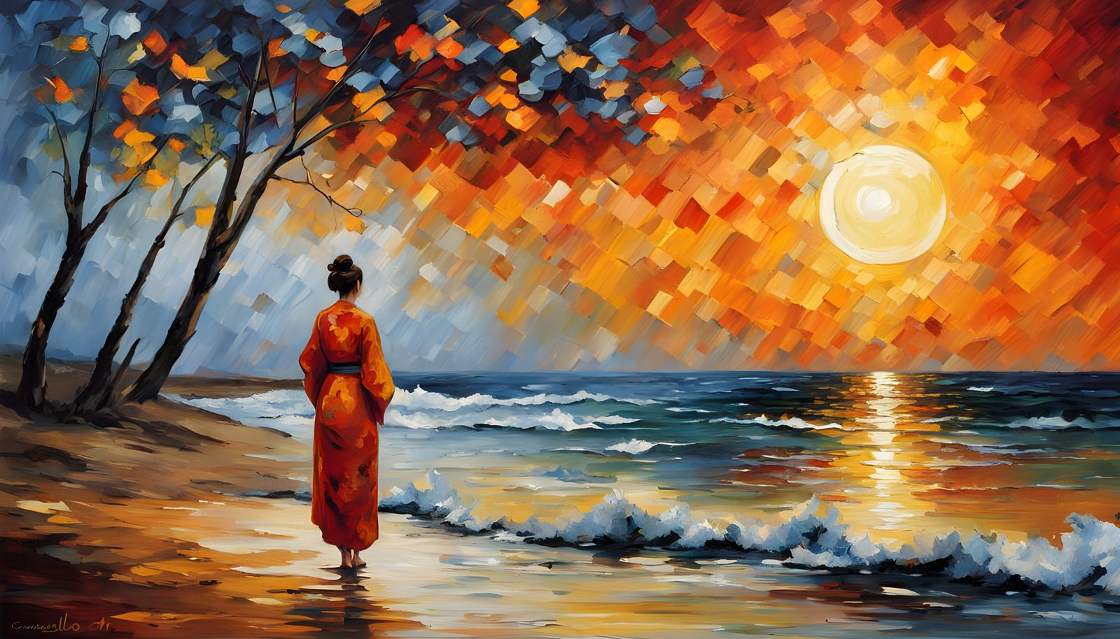 Impasto Sunset over Serene Asian Shore