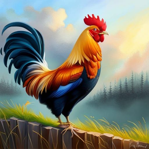 Majestic Rooster on Farm Fence in Hyperrealistic Style