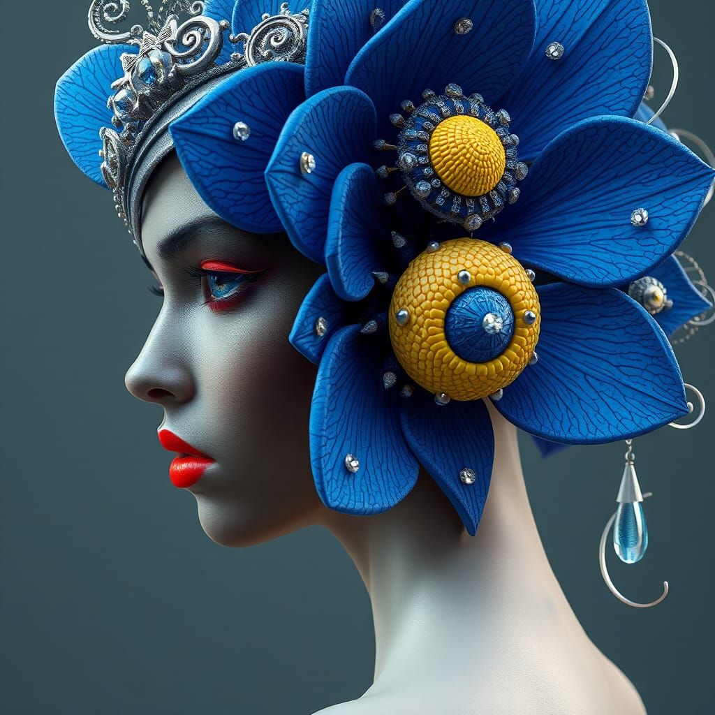 Ebony Woman with Blue Flower Headpiece, Digital Art