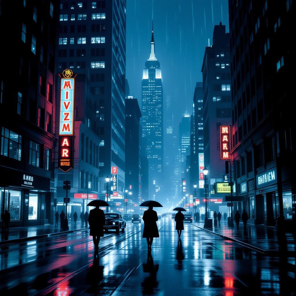 Rainy Film Noir Cityscape with Mysterious Figures
