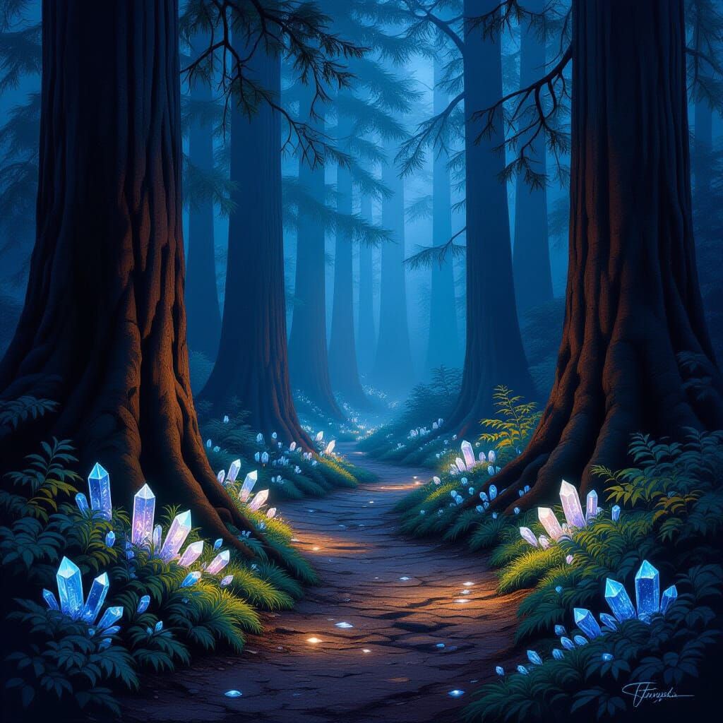 Glowing Crystals Light Redwood Forest Path