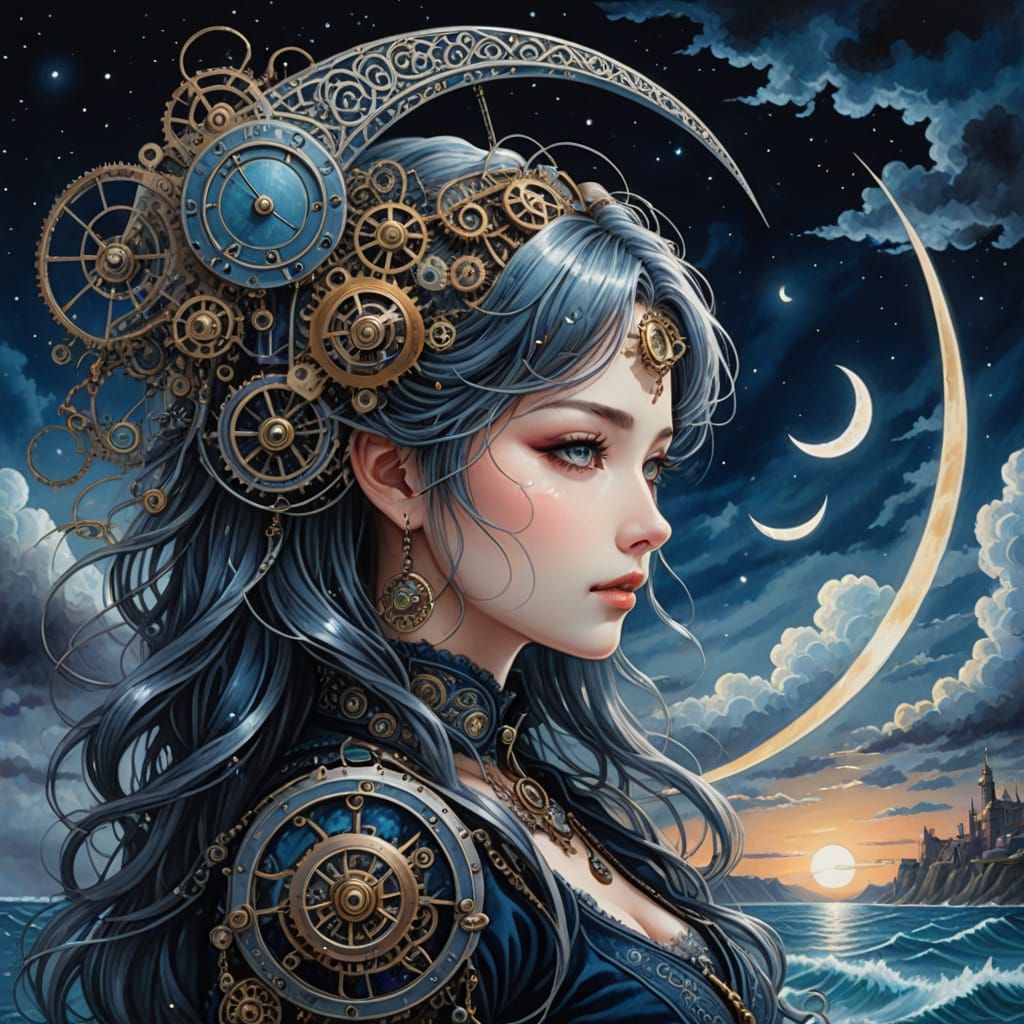 Steampunk Crescent Moon in Velvet Night Sky