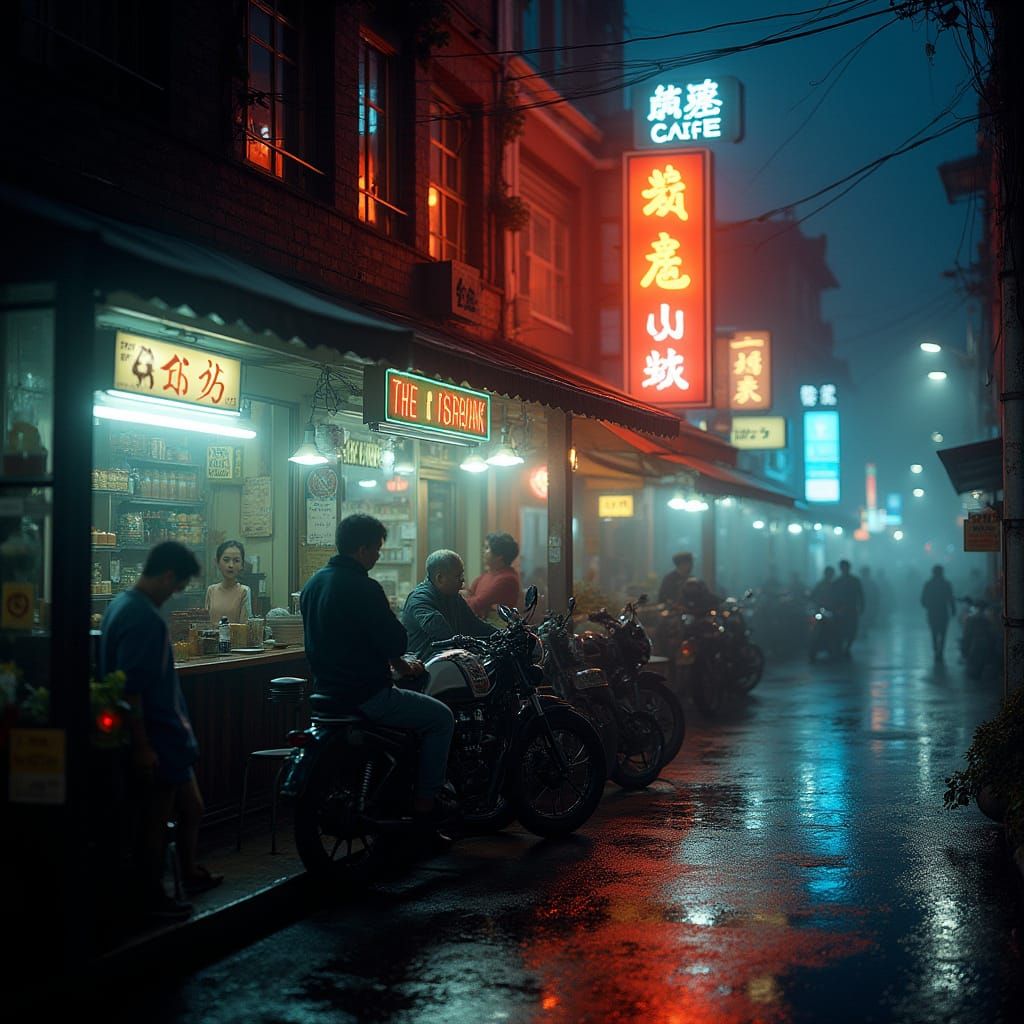 Asian Cafe at Night with Neon Lights and Motorcycles