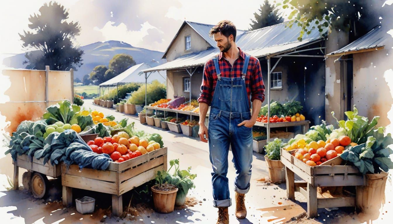 Farmer by Produce Stand in Expressive Watercolour Style