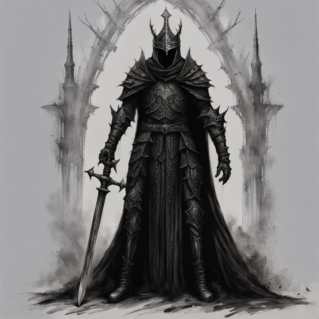 Demonic Knight in Dark Forest, Gouache Style