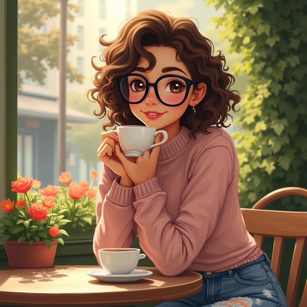 Girl Sips Coffee at Cozy Cafe in Impressionistic Style