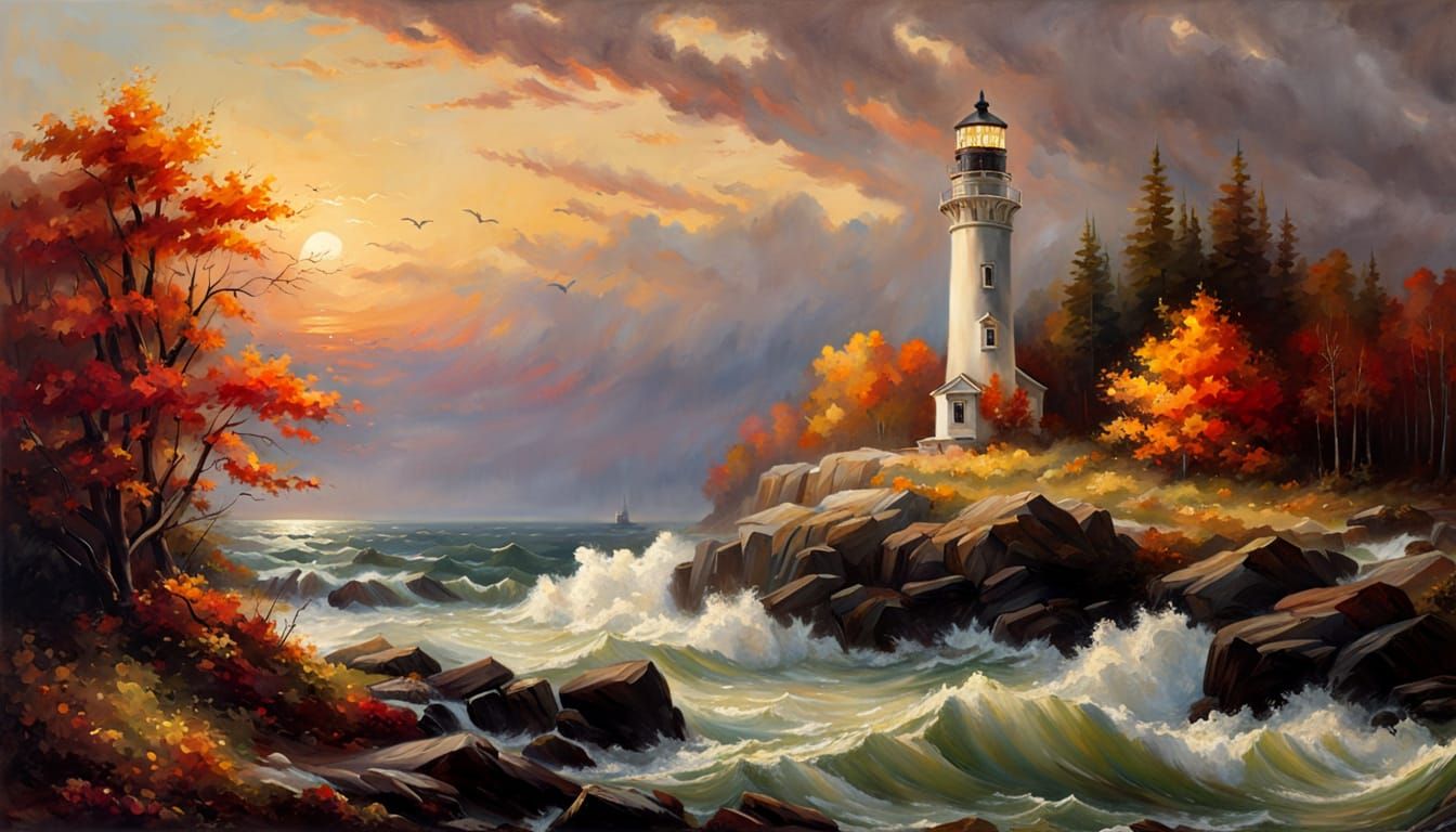 Lighthouse Painting in the Style of Luminism