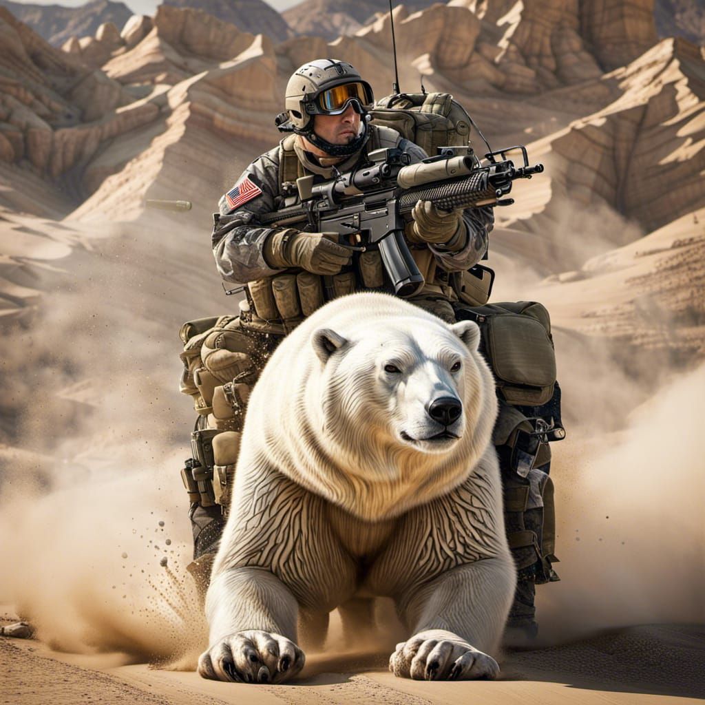 Brilliant soldier with a 50 Caliber Rifle riding a massive p...