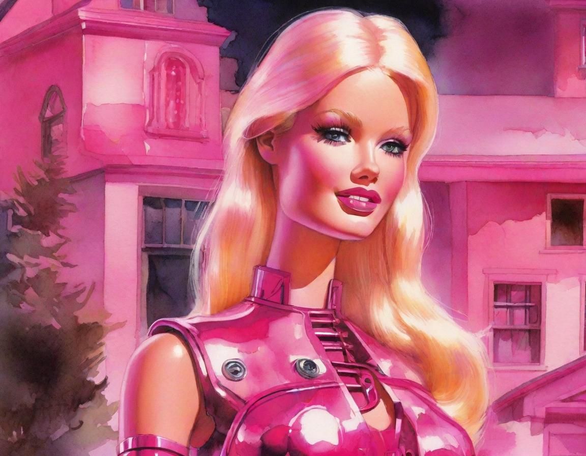 Pink Cyborg Barbie Digital Watercolor Illustration