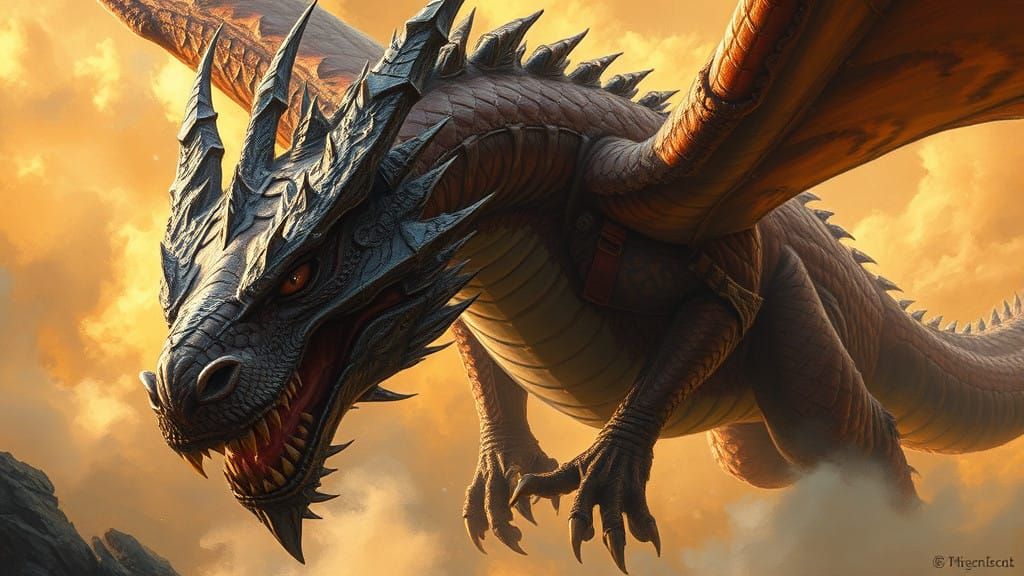 Cinematic Oil Painting of a Heroic Dragon in Warm Golden Lig...