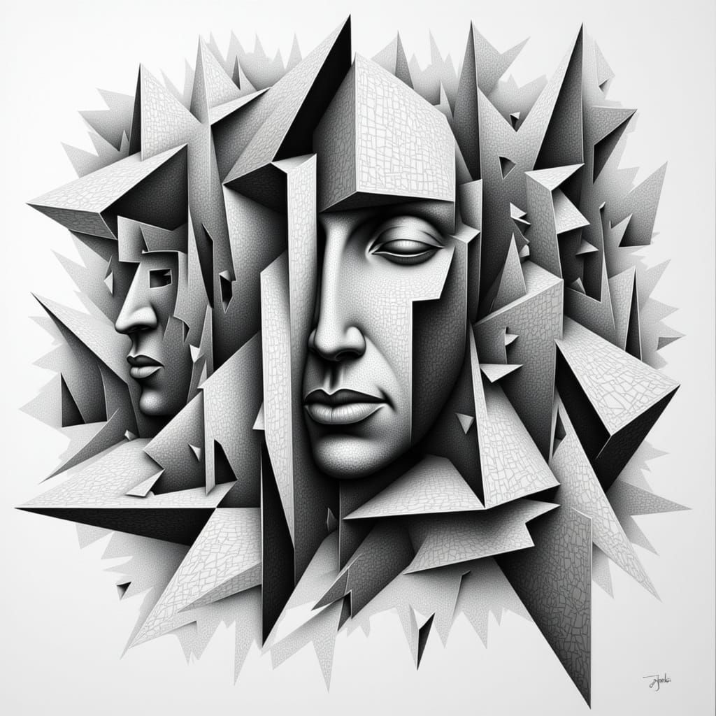 Surreal Cubist Geometric Forms in Charcoal