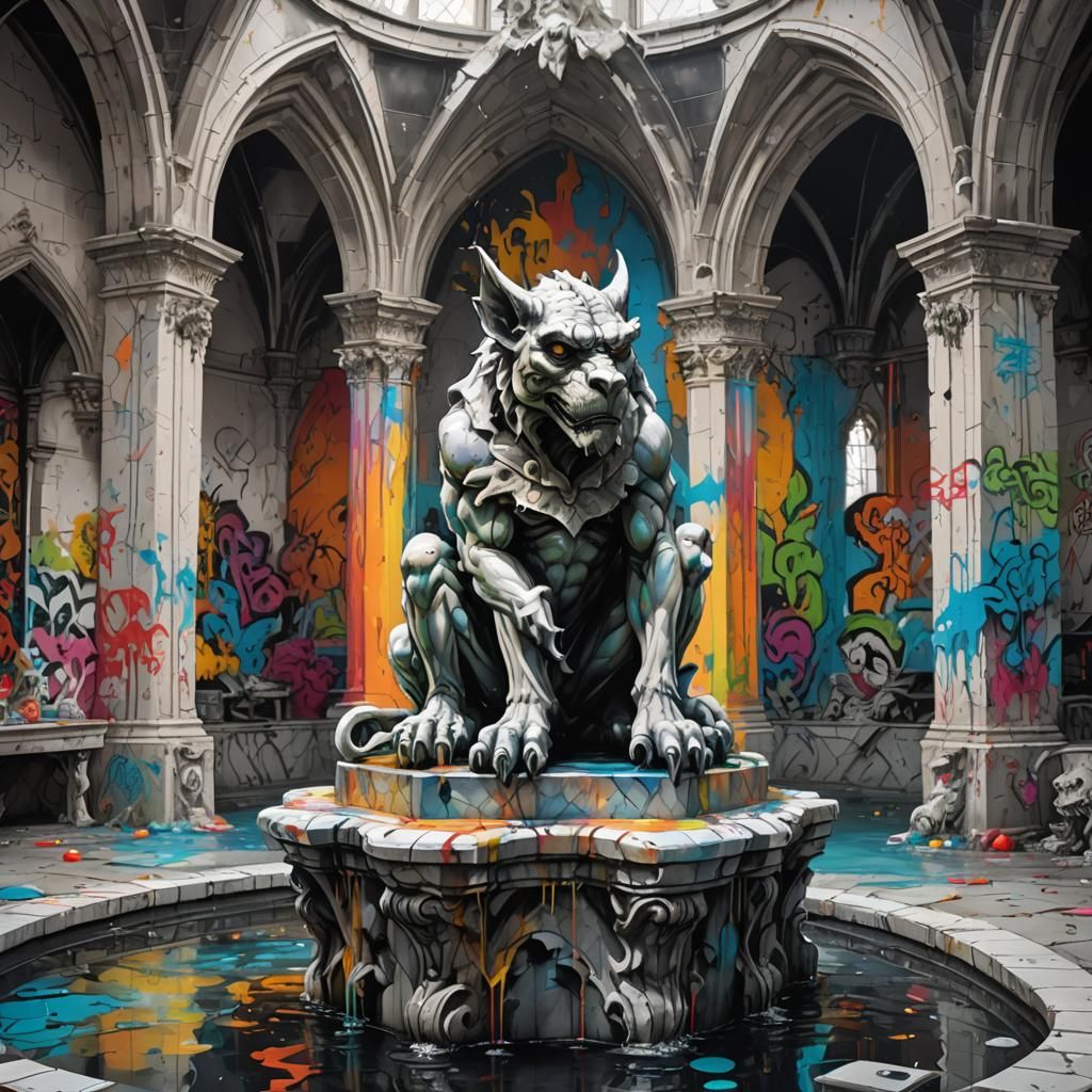 Gothic Gargoyle over Indoor Pool, Graffiti Art