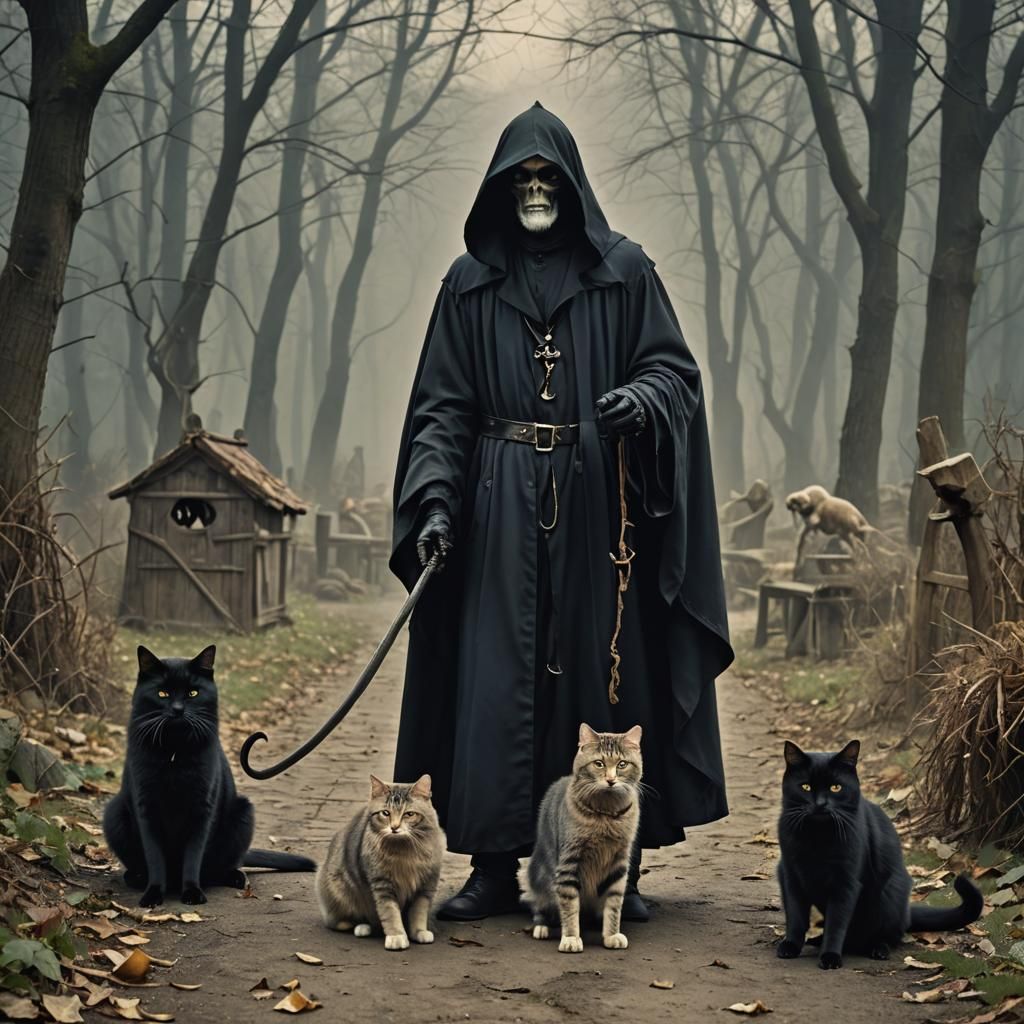 Grim Reaper and Cats: A Mysterious Portrait