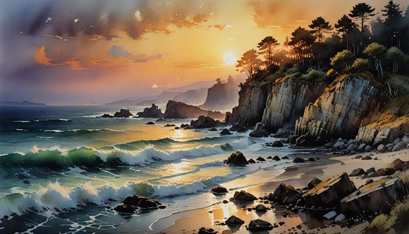Watercolor Masterpiece of Rocky Coast at Sunset