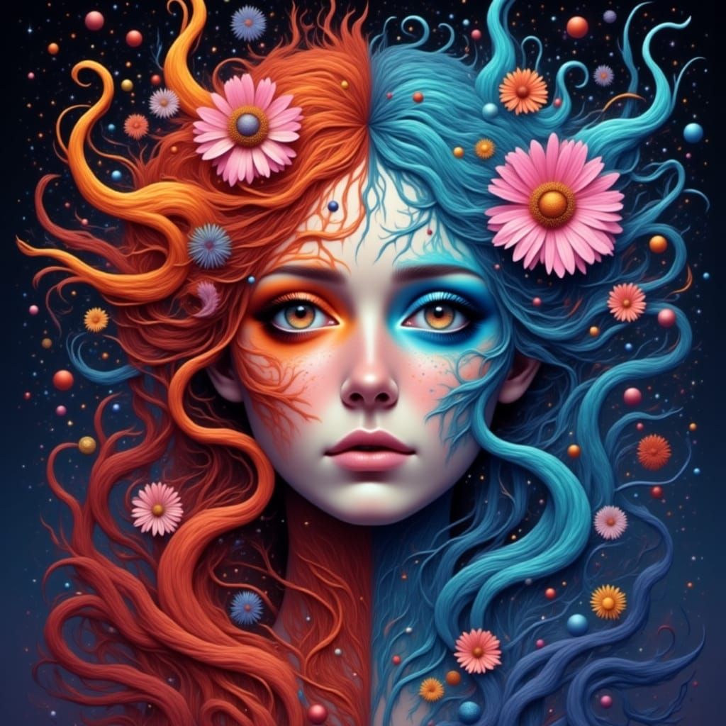 Surreal Split Portrait: Fiery Orange Meets Cool Turquoise