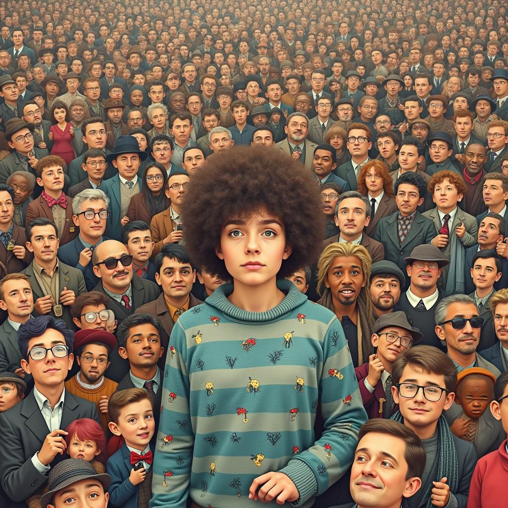 Fuzzy Sweater Person in a Crowd, like Where's Waldo