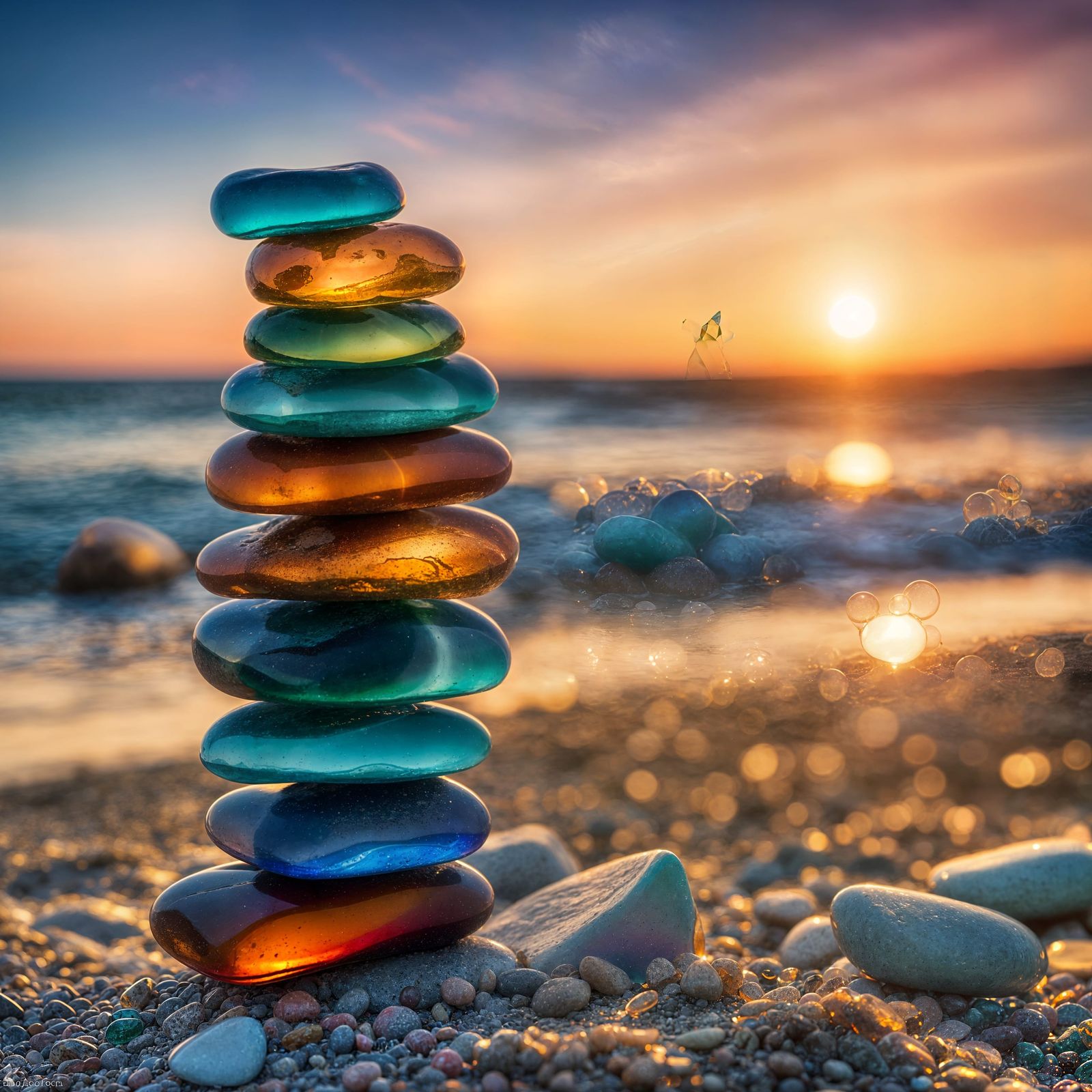 Rainbow Stones on Sunset Beach in HDR