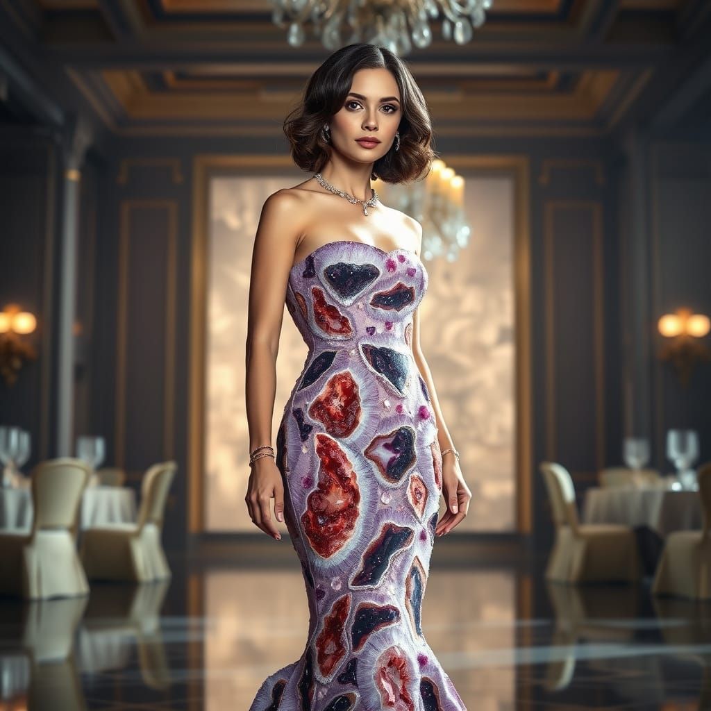 Woman in Crystal Geode Ballgown, Inspired by Hyperrealism