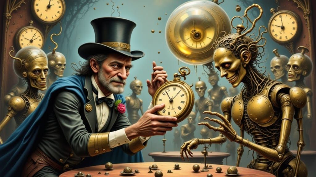 Mad Magician Hypnotizes Steampunk Robots in Surreal Style