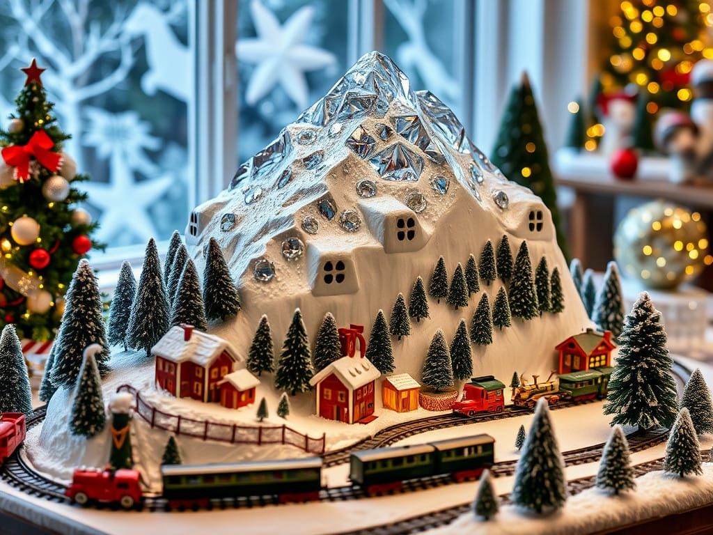 Christmas Model Train Scene with Snowy Village and Toy Mount...