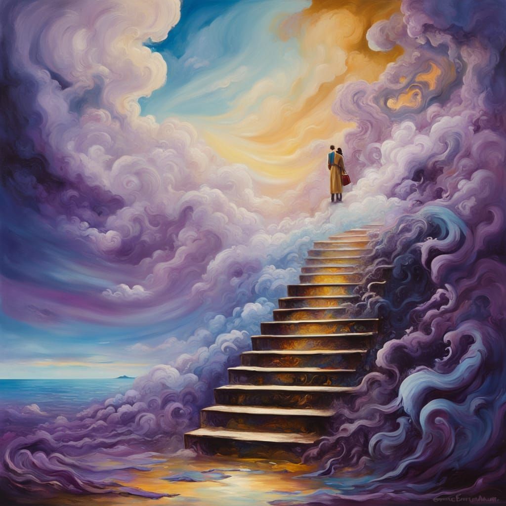 Surreal Oil Painting of Figure on Melting Staircase in Dream...