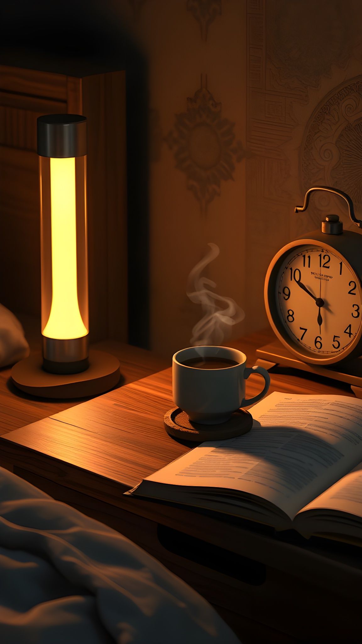 Minimalist Bedside Table with Teacup and Lamp