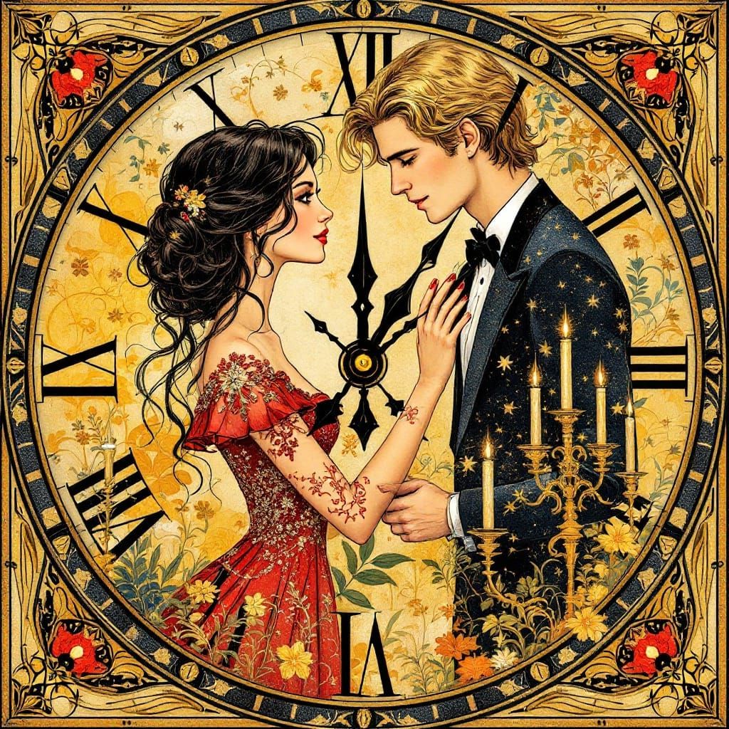 Romantic Art Nouveau Clock Face with Whimsical Gala Scenes