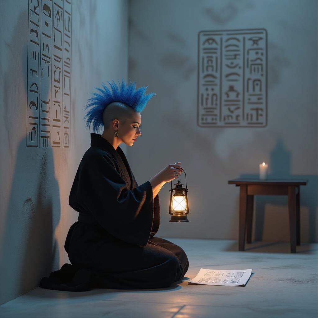 Mystical Woman Reads Hieroglyphs by Lantern Light