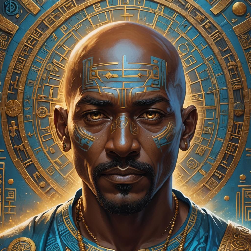 Mystical Man with Golden Hieroglyphics in Fantasy Art