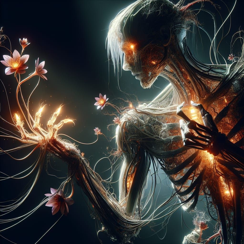 Ethereal Human-Nature Fusion in a Futuristic World