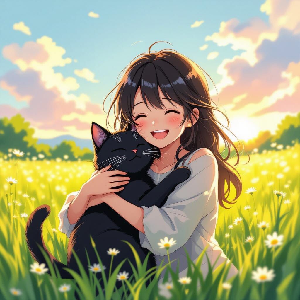 Anime Girl with Cat in Sunny Meadow