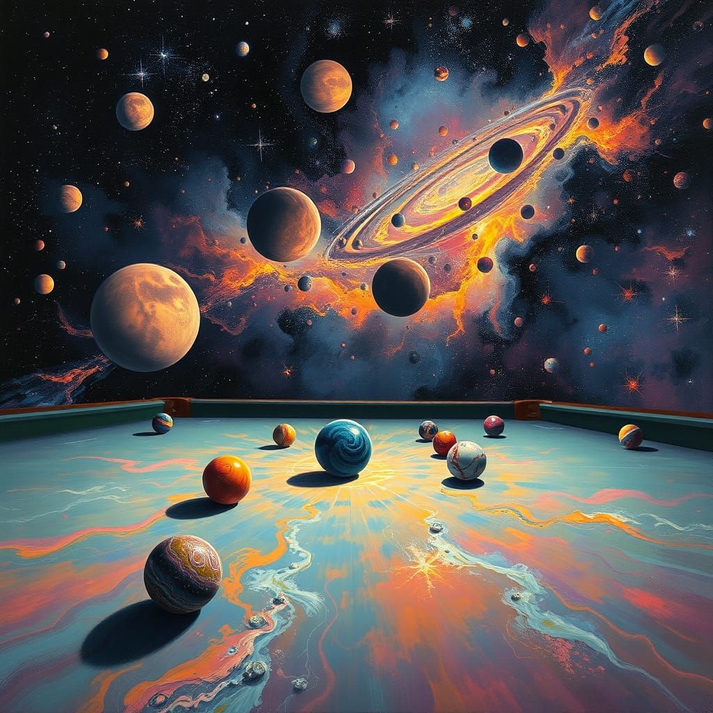 Vibrant Celestial Marbles in Cosmic Billiard Table Scene